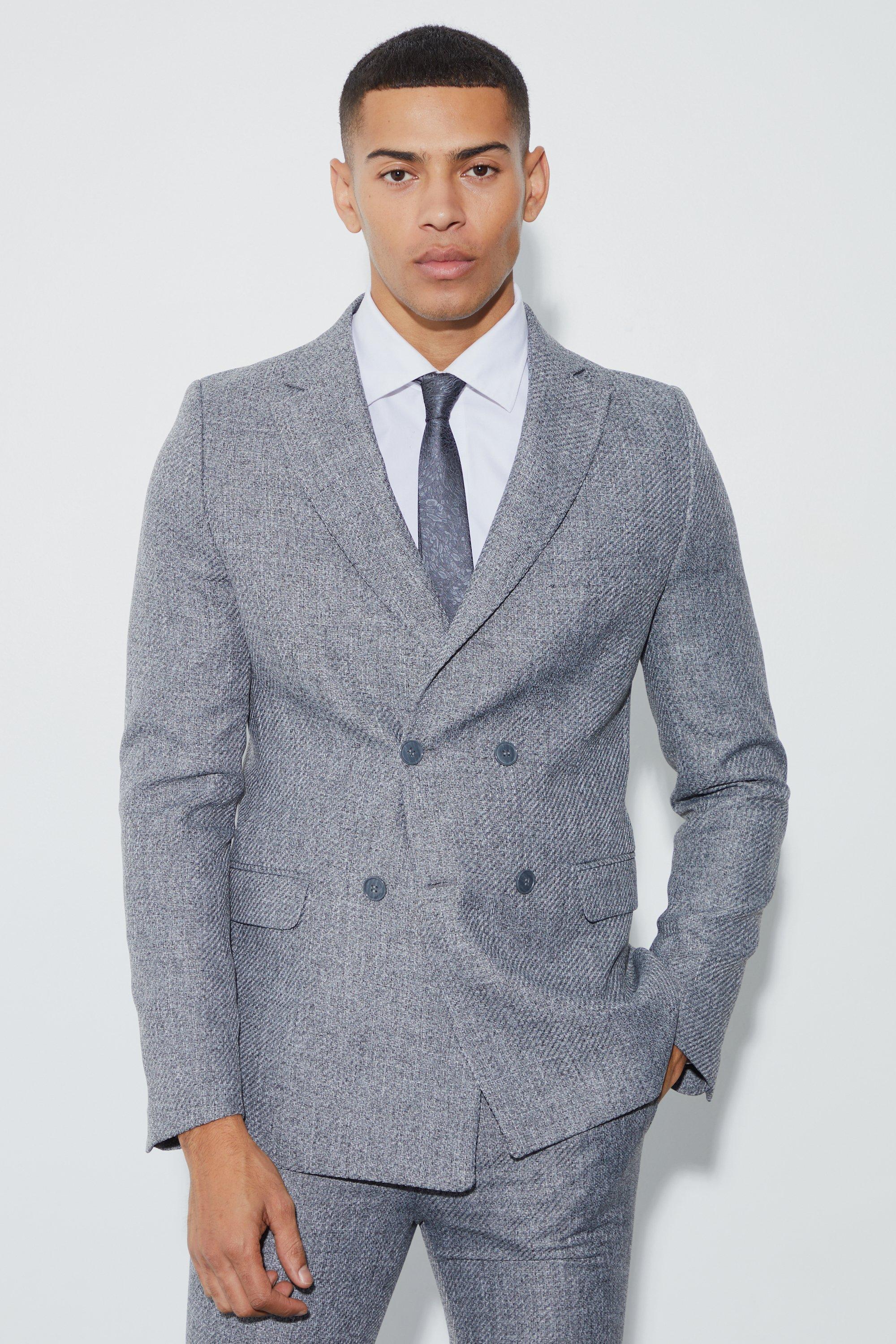 Mens Grey Skinny Fit Double Breasted Boucle Blazer, Grey